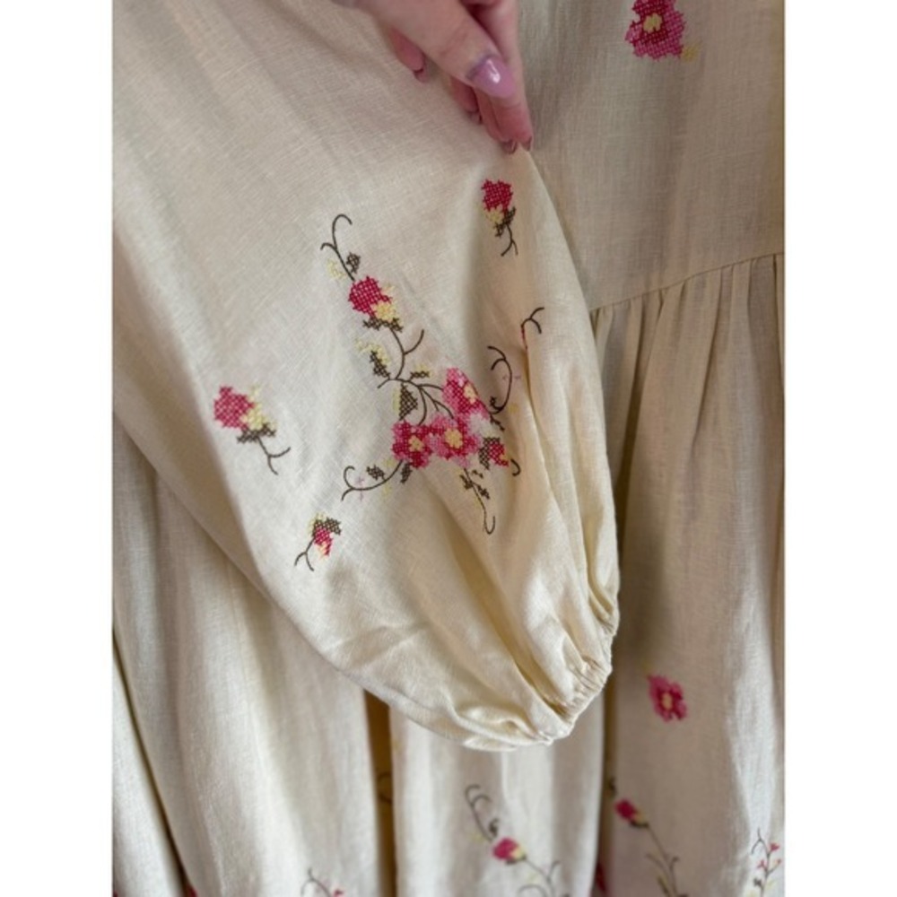Caroline Constas Cream Floral Cross Stitch Embroidered Linen Mini Dress Medium - Picture 4 of 7